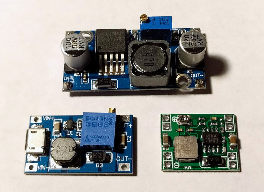 LM2596 buck converter module, MP1584 buck converter module, and SDB628 boost converter module