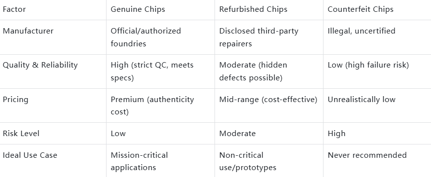 Comparison table of genuine, refurbished, and counterfeit chips for electronic component purchasers