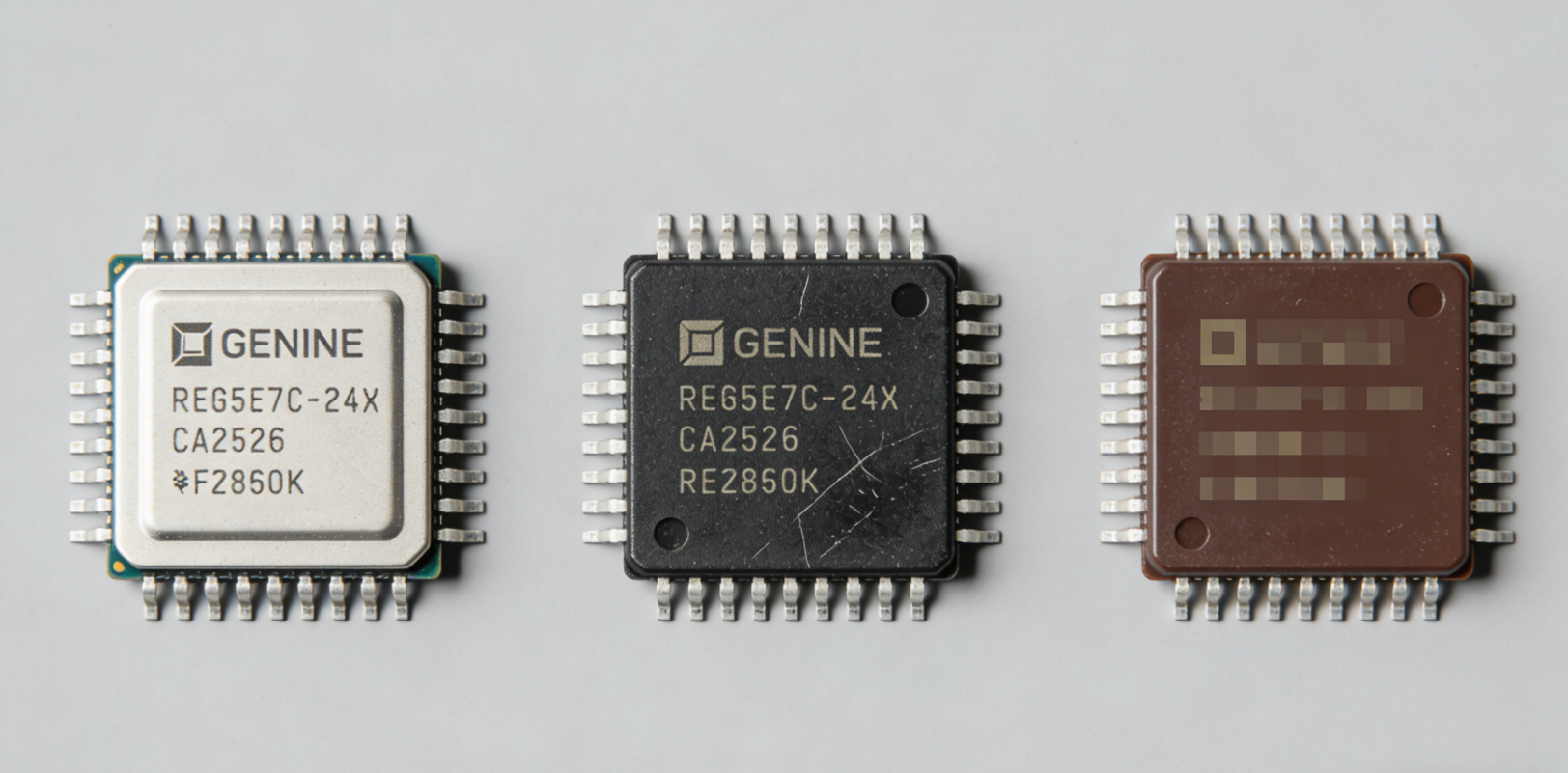3ff237d5d4e1d08e396286b1b450e808.png Genuine vs refurbished vs counterfeit electronic chips - visual comparison for purchasers