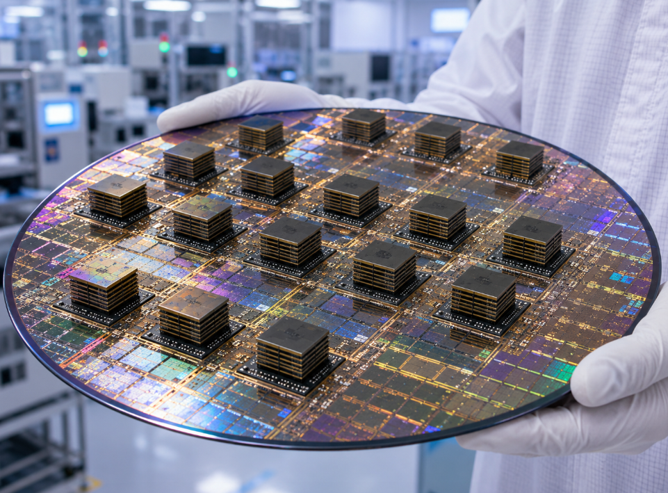 df0b51b1b250e7e8f3f572735ca3fdcd.png CoWoS advanced packaging wafer with HBM memory stacks in semiconductor cleanroom